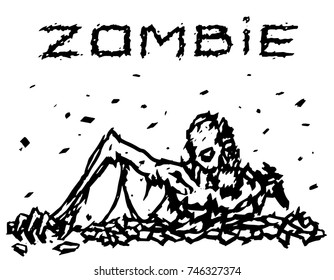 The dead man climbs out of the earth. Vector illustration. Grim reaper. The image of horror. Drawing apocalyptic character. White background.
