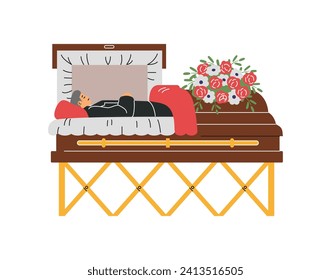 Hombre muerto en ilustración vectorial plana de ataúd. Funeral, tradición de duelo. Ceremonia de entierro del cuerpo humano. Servicio ritual con flores coronadas por un fondo blanco