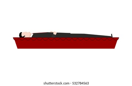 Dead man in coffin isolated. Departed in red casket. Deceased in hearse. Religious illustration
