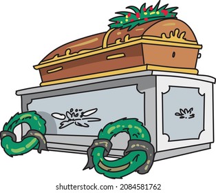 Dead man coffin and photo flat color vector illustration. 