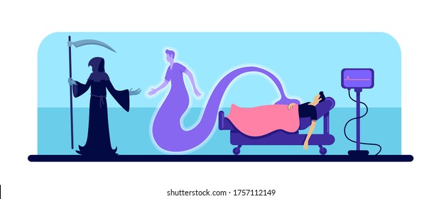 Dead man and grim reaper in hospital flat color vector illustration. Male body and soul in medical clinic. Patient ghost 2D cartoon character with wheeled bed and cardiogram monitor on background