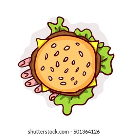 Dead man hand in cheeseburger. Halloween vector fast food clip-art, isolated on white. Hand drawn cartoon sketchy icon, design element for halloween party invitation card, sticker, greeting card