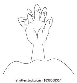 The dead man hand is pulled out of the ground. Gnarled fingers with sharp nails. Vector illustration. Outline on an isolated background. Sketch. The ominous zombie palm made its way to the surface.