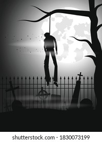 The dead man is hanged from a tree in the old cemetery. Vector illustration.