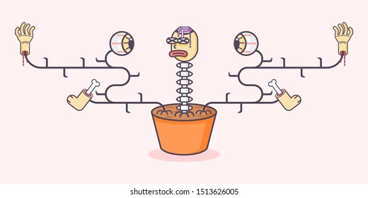 Dead man head with brain and spine on the orange pot. Eyeball, feet and hands on the branches. Horror vector illustration.