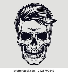 Dead man head logotype monochrome stylish hairstyle on skull and scary smile for t-shirt design in horror style vector illustration