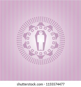 dead man in his coffin icon inside pink emblem. Retro