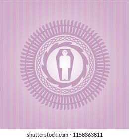 dead man in his coffin icon inside pink emblem. Vintage.
