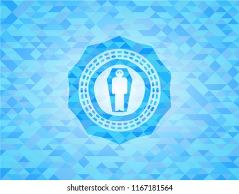 dead man in his coffin icon inside light blue emblem with mosaic ecological style background