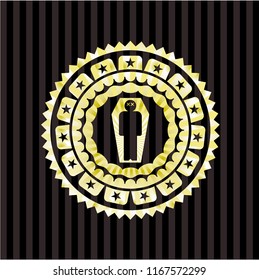 dead man in his coffin icon inside gold shiny badge