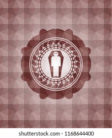 dead man in his coffin icon inside red emblem with geometric background. Seamless.