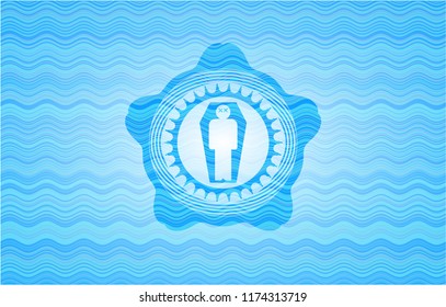 dead man in his coffin icon inside water wave representation badge.
