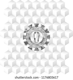 dead man in his coffin icon inside grey badge with geometric cube white background