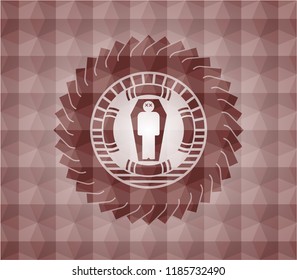dead man in his coffin icon inside red seamless geometric pattern emblem. Seamless.