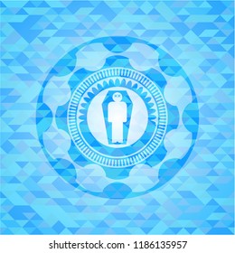 dead man in his coffin icon inside light blue emblem. Mosaic background