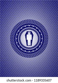 dead man in his coffin icon inside badge with jean texture