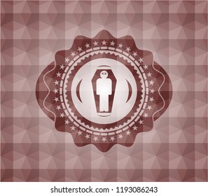 dead man in his coffin icon inside red geometric badge. Seamless.