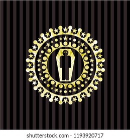 dead man in his coffin icon inside gold badge