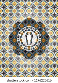 dead man in his coffin icon inside arabesque badge. arabic decoration.