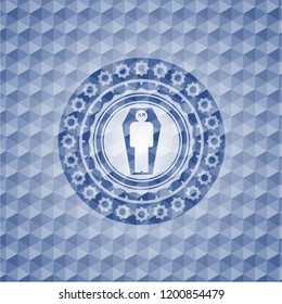 dead man in his coffin icon inside blue badge with geometric pattern background.