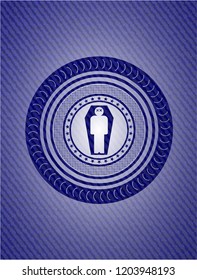 dead man in his coffin icon inside badge with jean texture