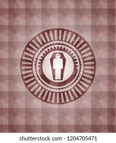 dead man in his coffin icon inside red seamless emblem with geometric pattern background.