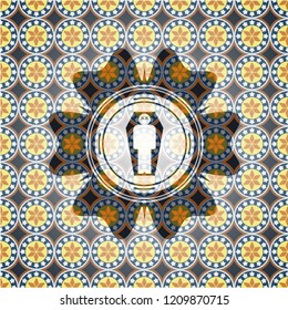 dead man in his coffin icon inside arabesque badge background. arabic decoration.