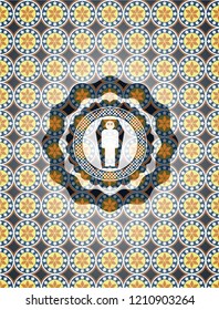 dead man in his coffin icon inside arabic style emblem. Arabesque decoration.