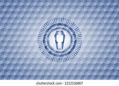 dead man in his coffin icon inside blue emblem with geometric background.