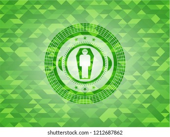 dead man in his coffin icon inside green emblem. Mosaic background