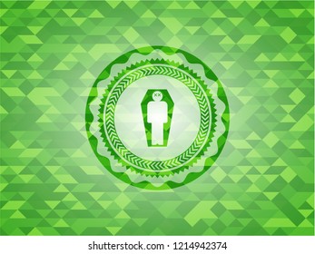 dead man in his coffin icon inside green emblem with mosaic ecological style background