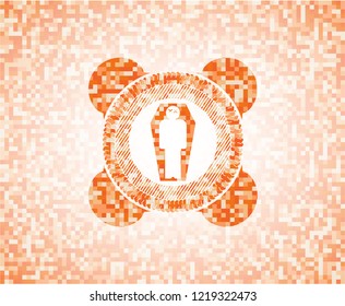 dead man in his coffin icon inside orange mosaic emblem with background