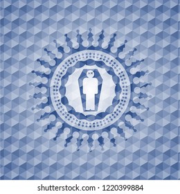 dead man in his coffin icon inside blue polygonal emblem.