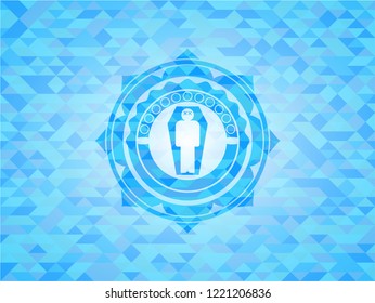dead man in his coffin icon inside light blue emblem with triangle mosaic background