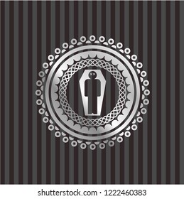 dead man in his coffin icon inside silver badge or emblem