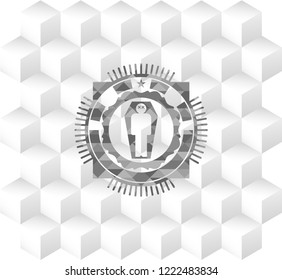 dead man in his coffin icon inside grey badge with geometric cube white background