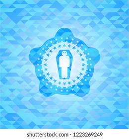 dead man in his coffin icon inside sky blue emblem with mosaic background
