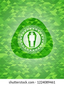 dead man in his coffin icon inside green emblem. Mosaic background