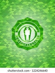 dead man in his coffin icon inside green emblem with triangle mosaic background