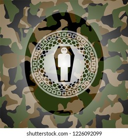 dead man in his coffin icon inside camouflage texture