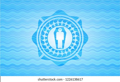 dead man in his coffin icon inside water wave representation badge.