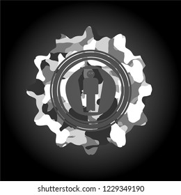 dead man in his coffin icon inside grey camouflage emblem