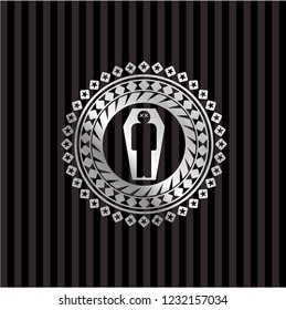 dead man in his coffin icon inside silvery emblem or badge