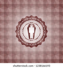 dead man in his coffin icon inside red seamless emblem or badge with geometric pattern background.