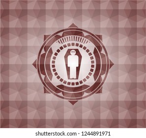 dead man in his coffin icon inside red emblem with geometric background. Seamless.