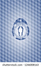 dead man in his coffin icon inside blue badge with geometric background.