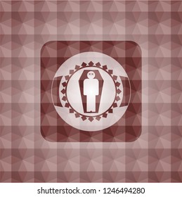 dead man in his coffin icon inside red badge with geometric pattern. Seamless.