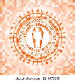 dead man in his coffin icon inside abstract orange mosaic emblem with background