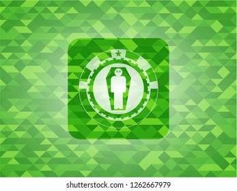 dead man in his coffin icon inside green emblem with mosaic ecological style background