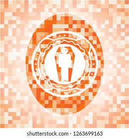 dead man in his coffin icon inside orange tile background illustration. Square geometric mosaic seamless pattern with emblem inside.